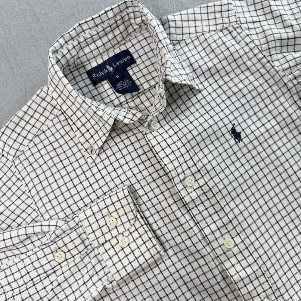 Ralph Lauren Button Down Shirt Boys 5 White Navy Check Long Sleeve